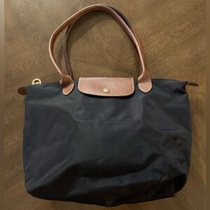 Longchamp medium sized black nylon and brown leather le pliage bag shoulder bag